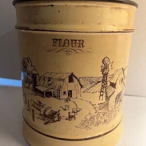 Vintage Kromex flour canister barn scene-metal -hard to find